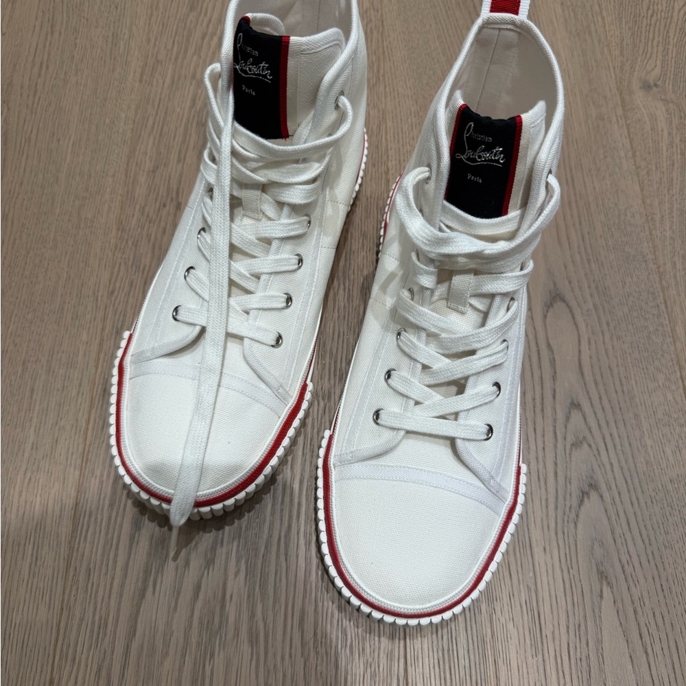 Christian Louboutin White High-Top Sneakers with Red Accents Pedro